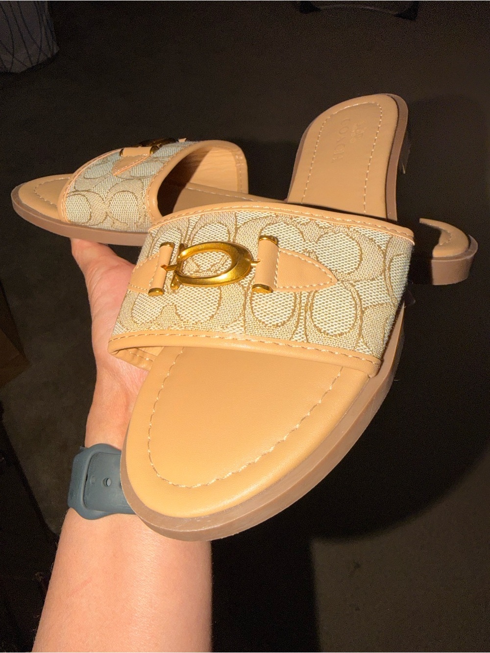 Coach Tan Signature Jacquard Slide Sandals with Gold Hardware - Picture 2 of 11